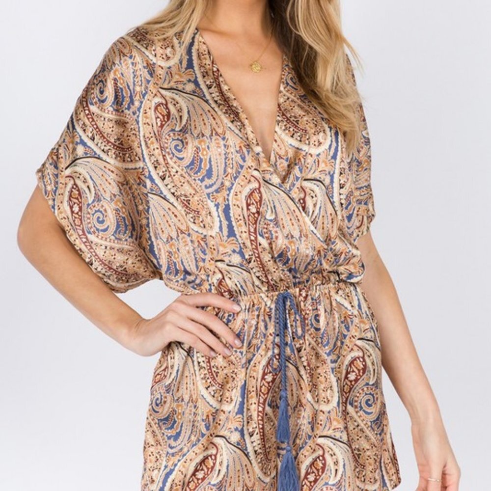 Blue Paisley Kimono Sleeve Romper - Picture 3 of 10